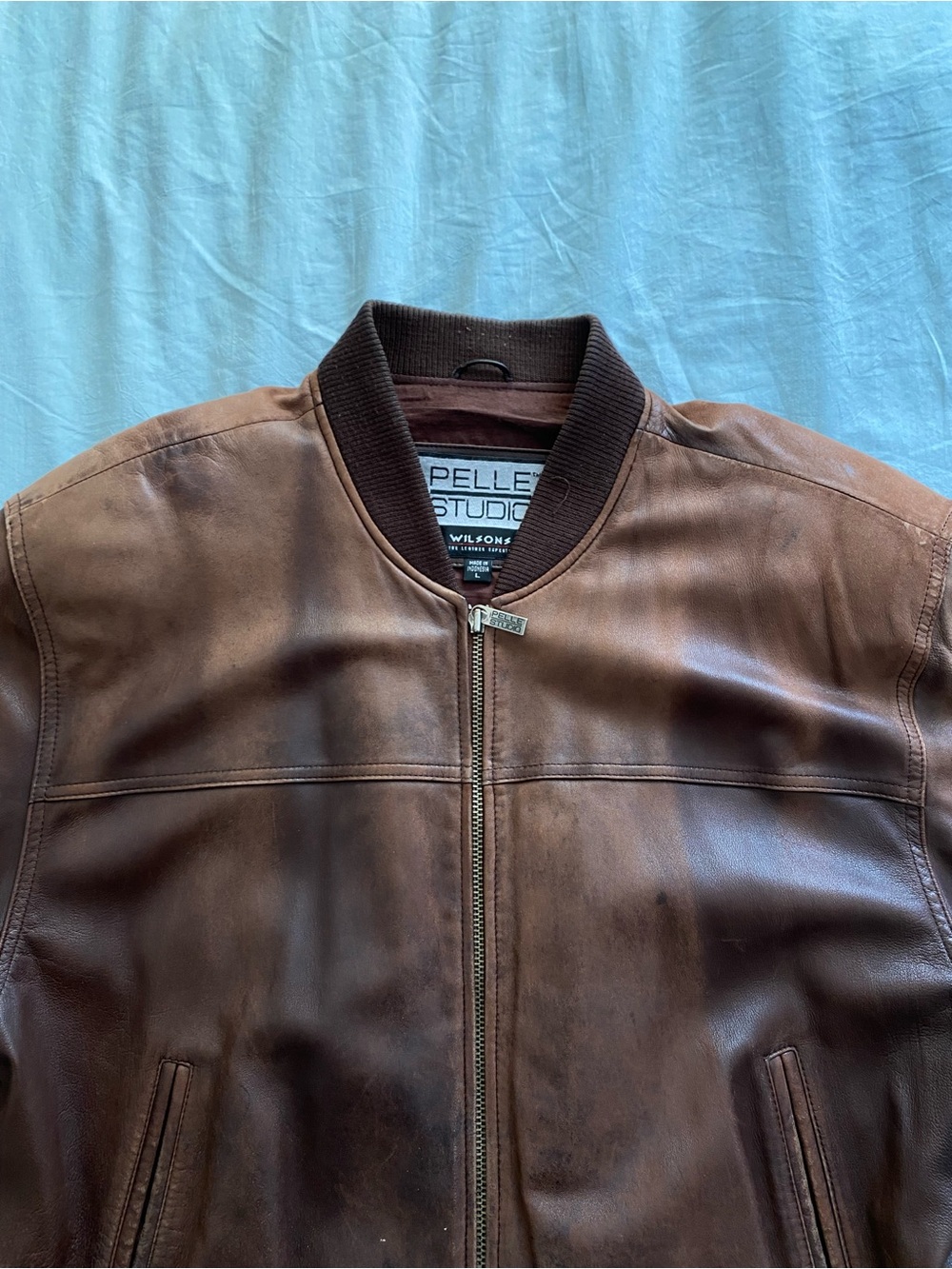 Pelle Studio Brown Leather Bomber with Rib-Knit Collar
